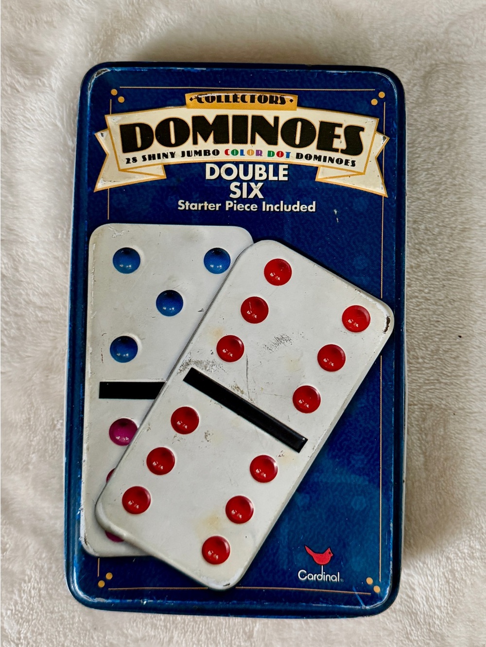 Cardinal Double Six Dominoes Set - Blue Tin with Red & Blue Dots